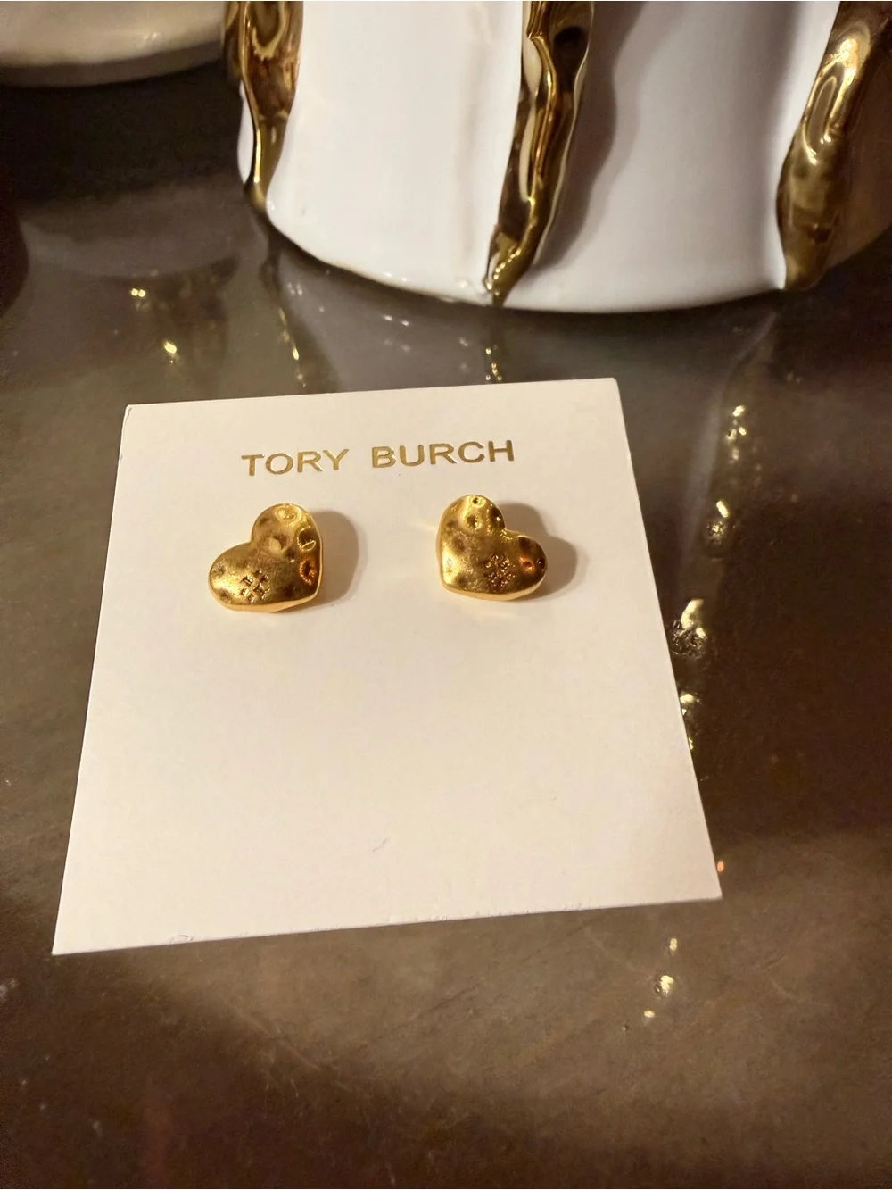 Tory Burch Gold Heart Stud Earrings - Textured Matte Gold Tone